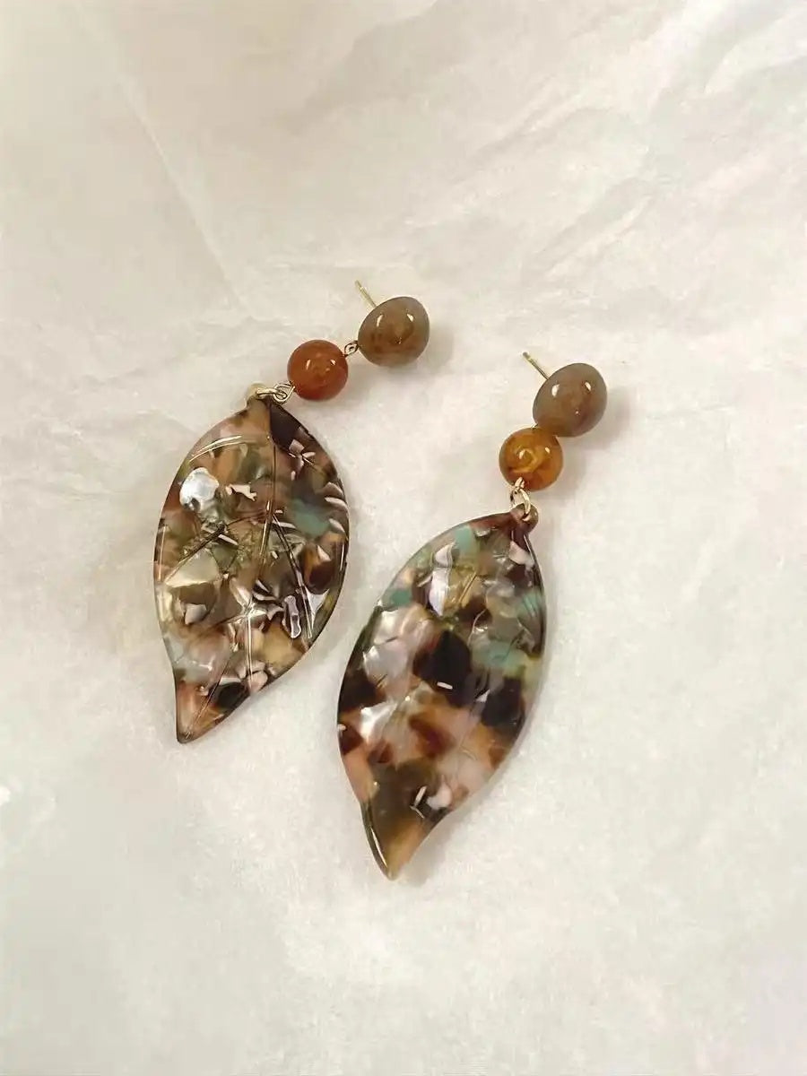 Brown Marbled Leaf Drop Earrings