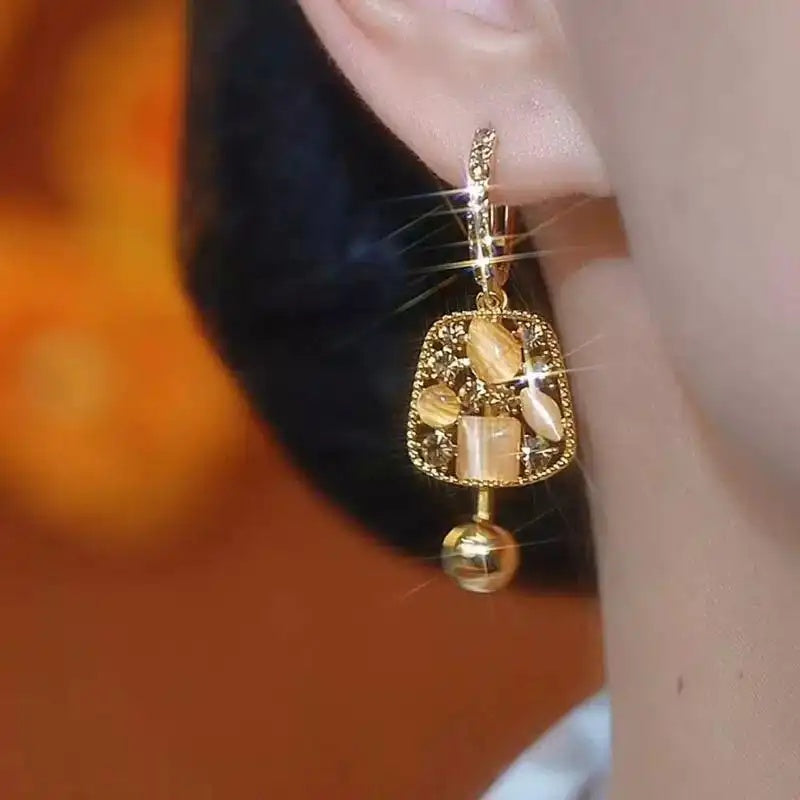 Brown Square Crystal Drop Earrings