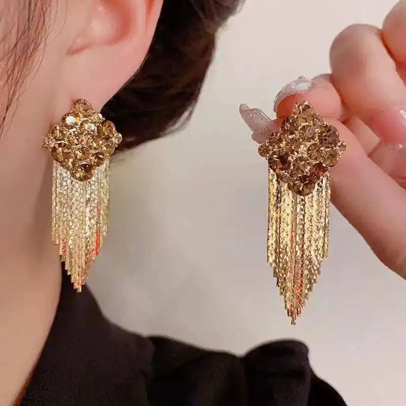 Brown Toned Geometric Tassel Drop Earrings