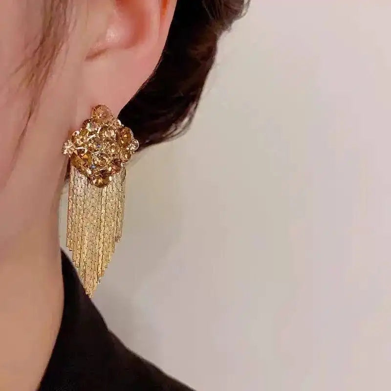 Brown Toned Geometric Tassel Drop Earrings