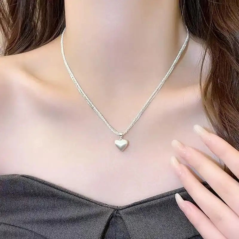Brushed Heart Double Layer Pendant Necklace