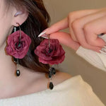 Burgundy Rose Bead Drop Earrings