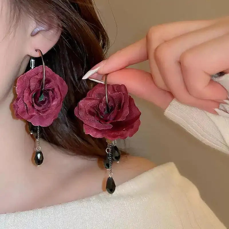 Burgundy Rose Bead Drop Earrings