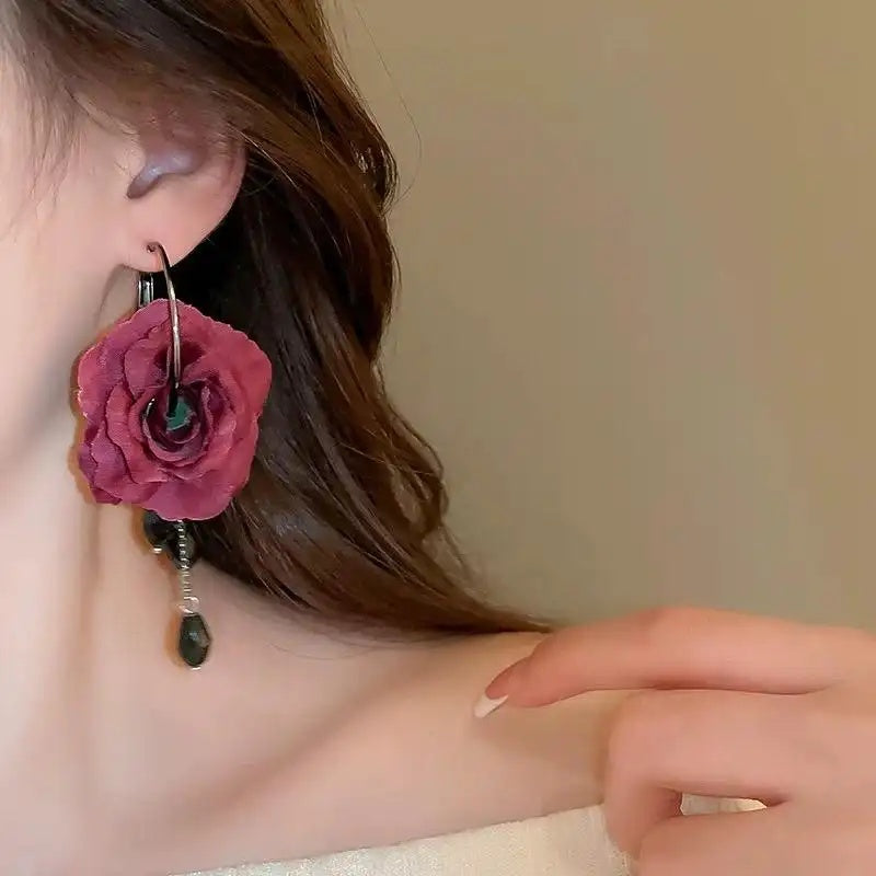 Burgundy Rose Bead Drop Earrings