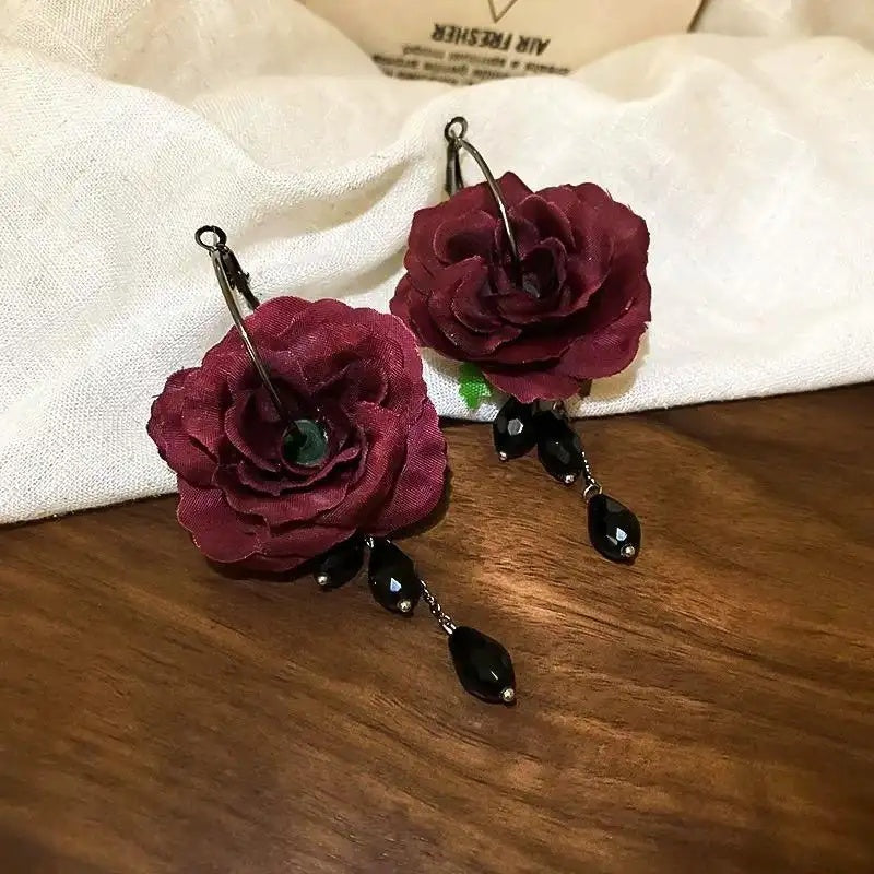Burgundy Rose Bead Drop Earrings
