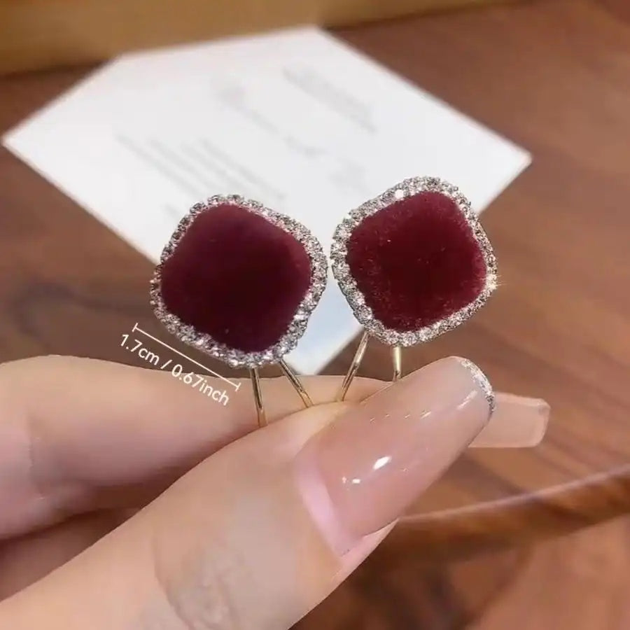 Burgundy Velvet Square Crystal Stud Earrings