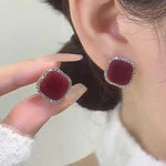 Burgundy Velvet Square Crystal Stud Earrings