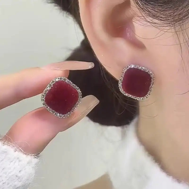 Burgundy Velvet Square Crystal Stud Earrings