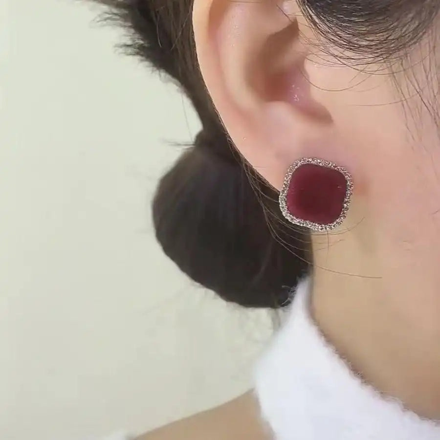 Burgundy Velvet Square Crystal Stud Earrings