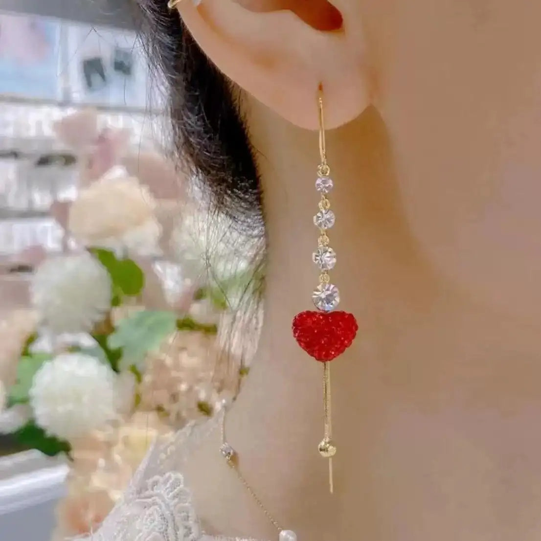 Burning Love Red Heart Tassel Drop Earrings