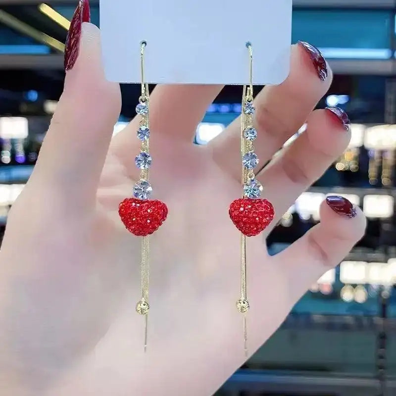 Burning Love Red Heart Tassel Drop Earrings