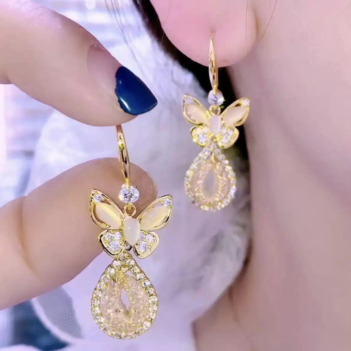Butterfly Cat Eye Tassel Drop Earrings