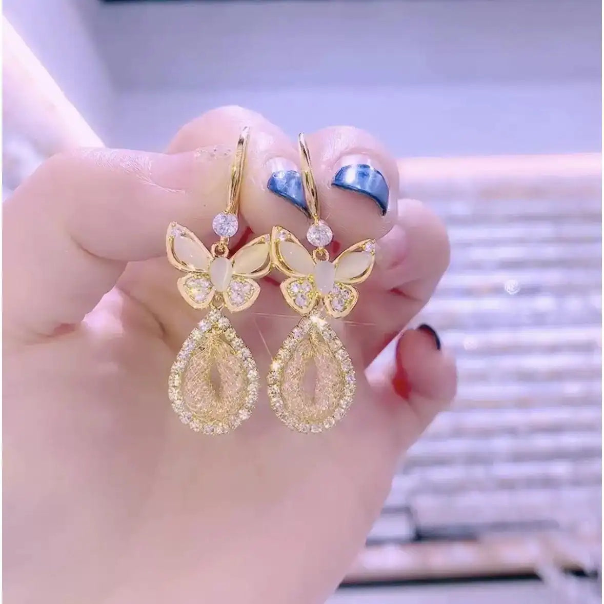 Butterfly Cat Eye Tassel Drop Earrings