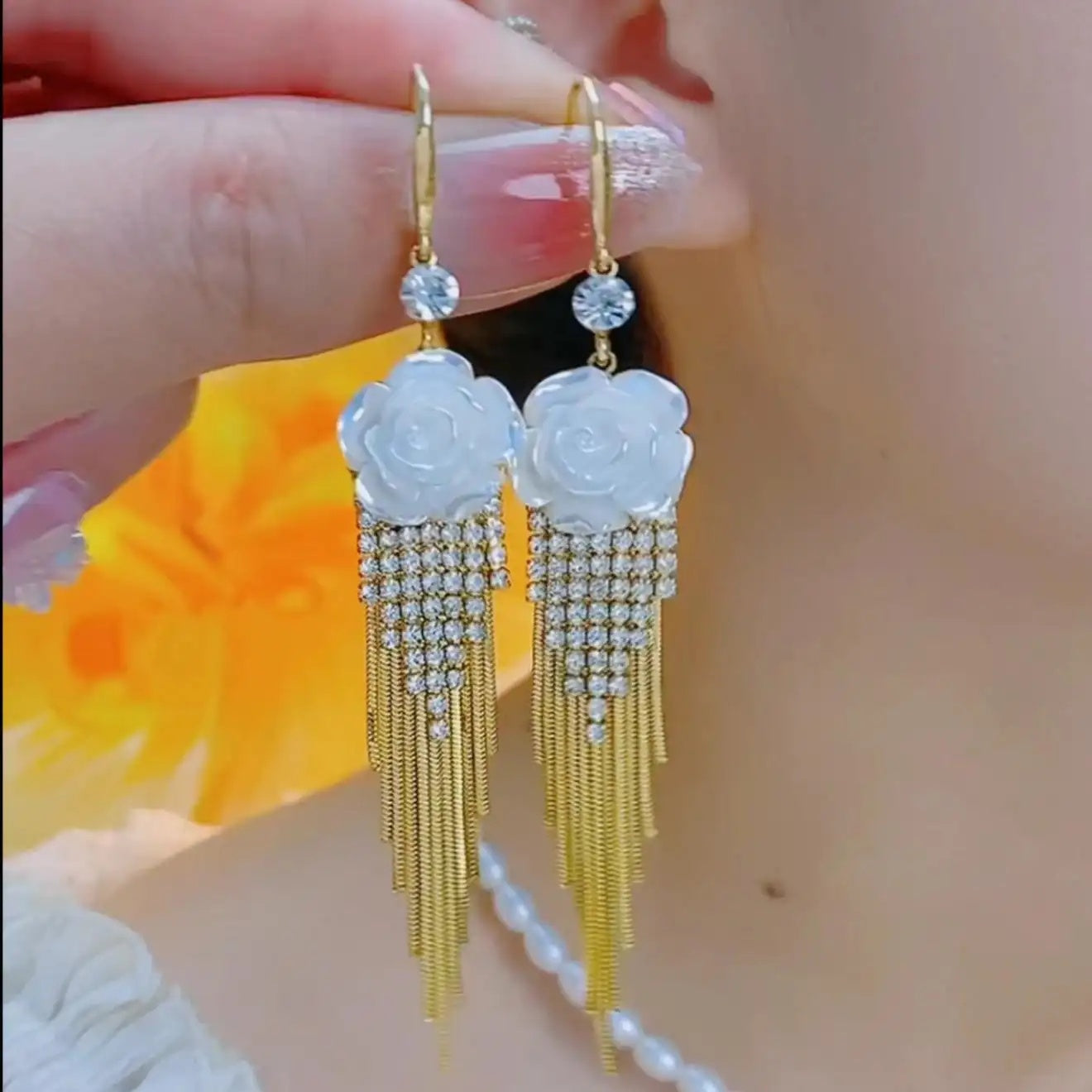 Camellia Flower Tassel Drop Earrings