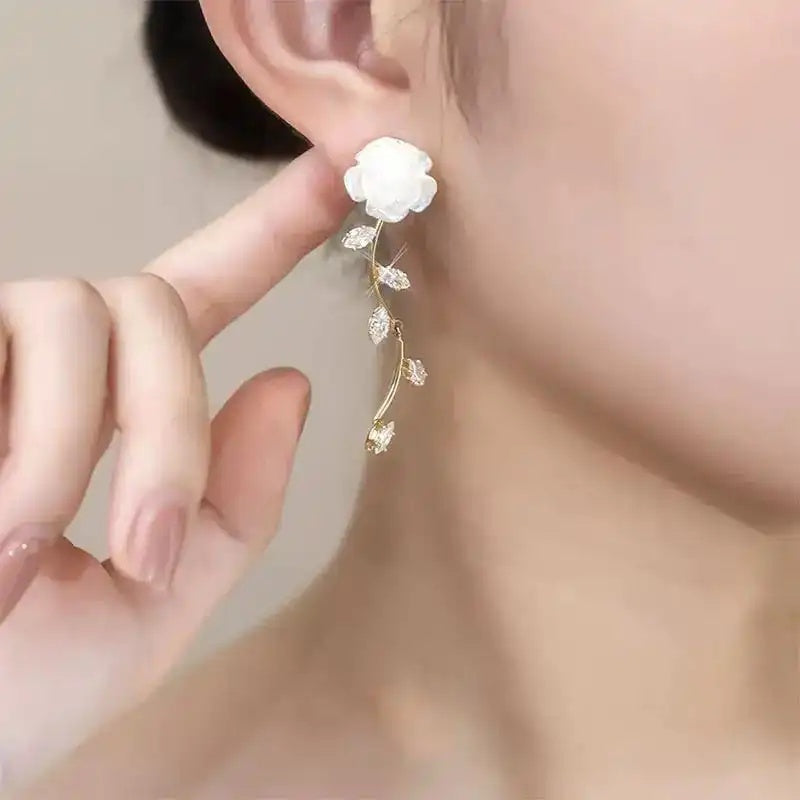 Camellia Long Tassel Gentle Rose Drop Earrings