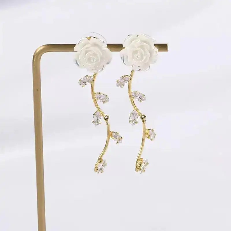 Camellia Long Tassel Gentle Rose Drop Earrings
