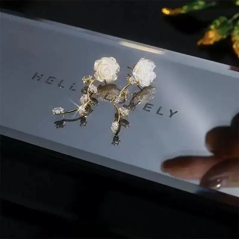 Camellia Long Tassel Gentle Rose Drop Earrings