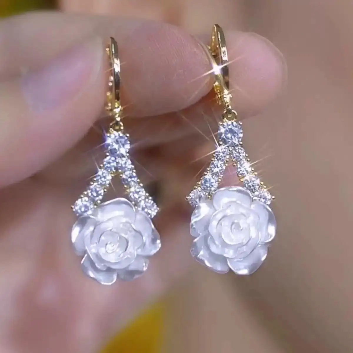 Camellia Tassel Crystal Drop Earrings