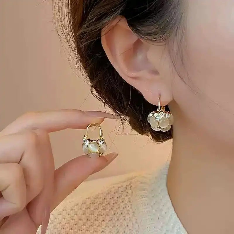 Cat Eye Basket French Stones Hoop Earrings