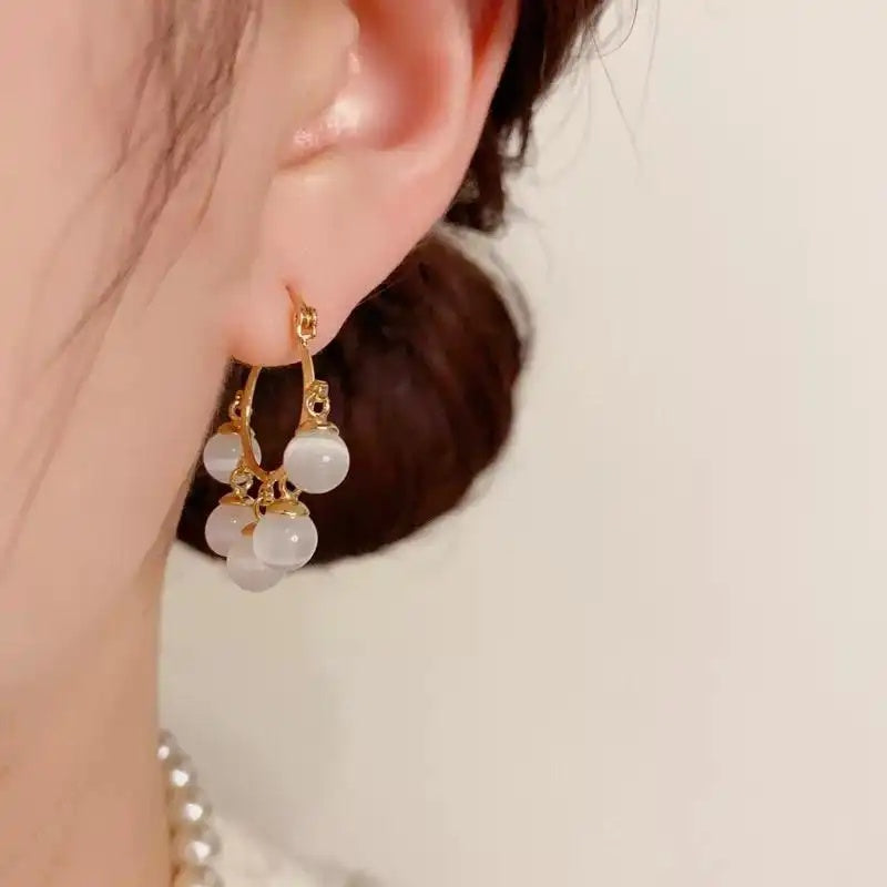 Cat Eye Bead Tassel Drop Earrings