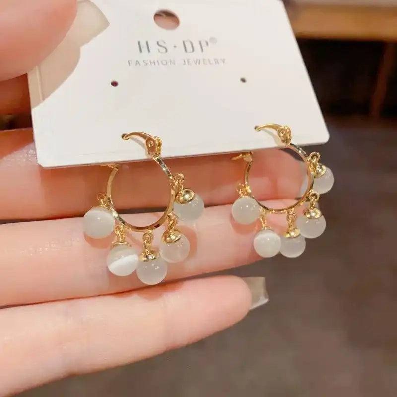 Cat Eye Bead Tassel Drop Earrings
