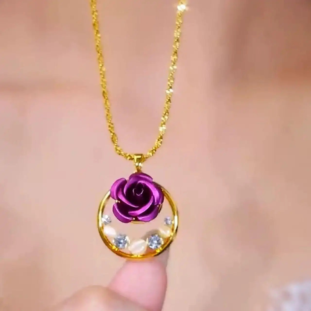 Cat Eye Crystal Rose Pendant Necklace