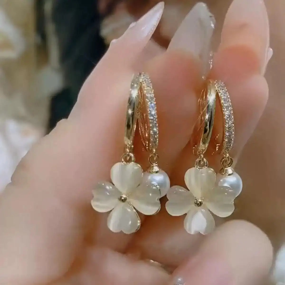 Cat Eye Flower Office Pearl Hoop Earrings