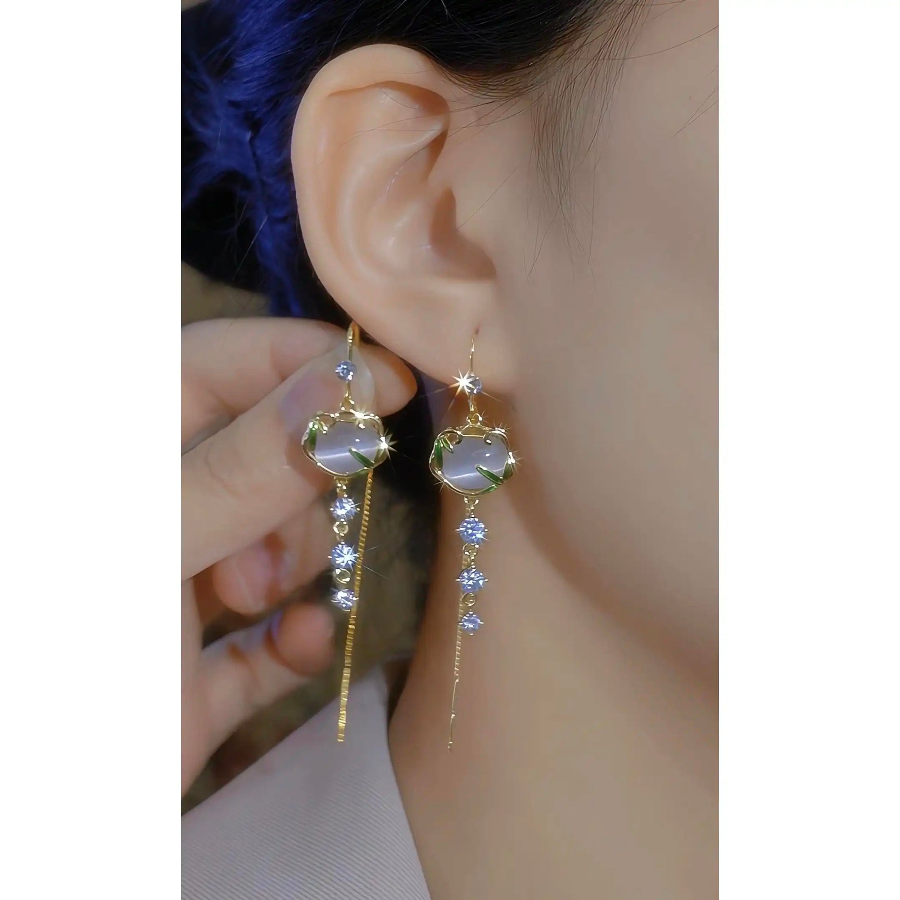 Cat Eye Fortune Peace Lock Drop Earrings