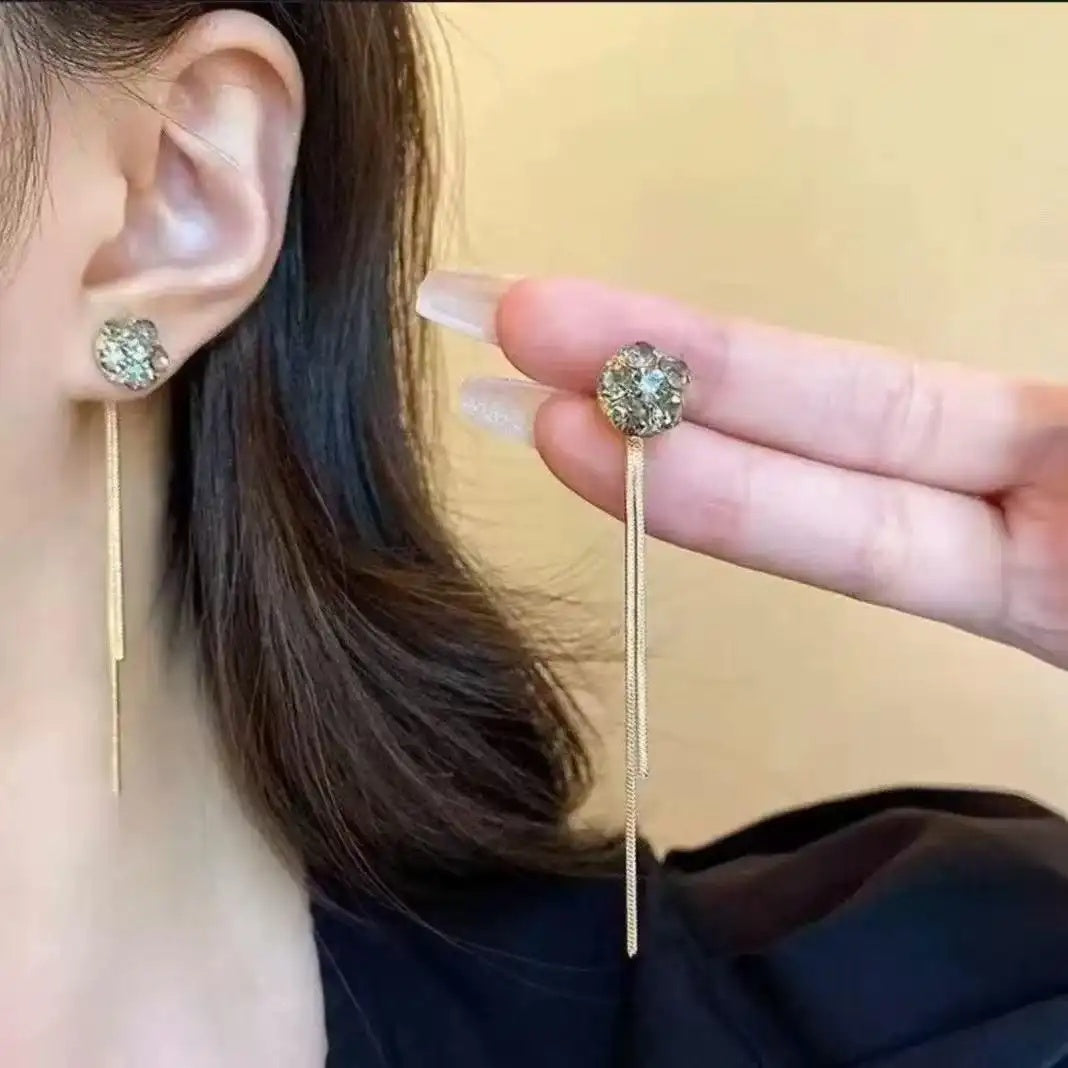 Chain Crystal Tassel Long Drop Earrings