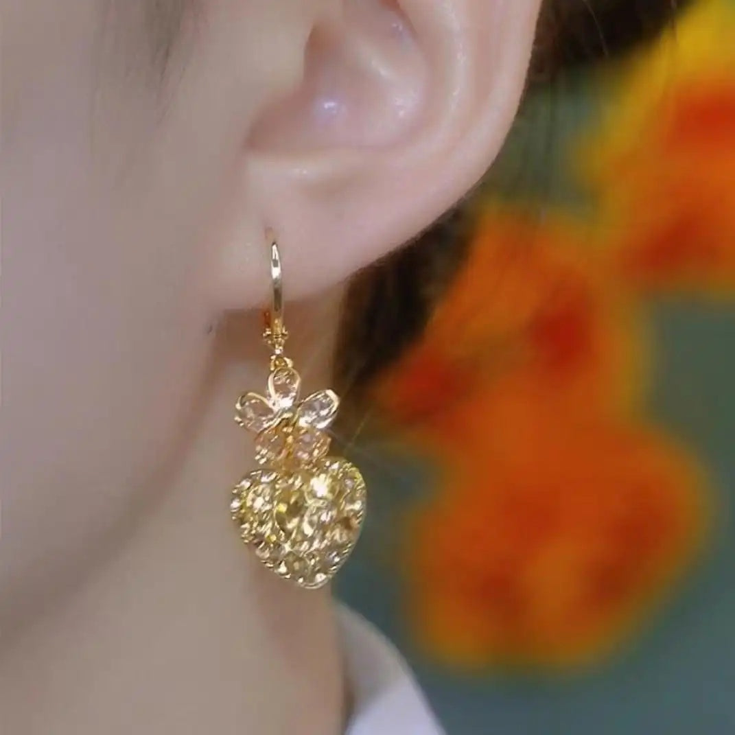 Champagne Gold Heart Flower Clip-On Earrings