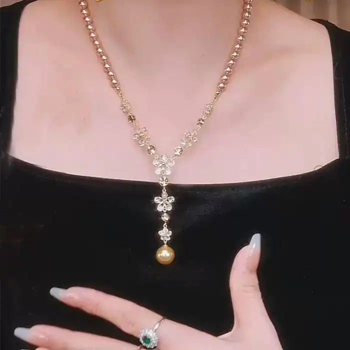 Champagne Pearl and Crystal Flower Necklace