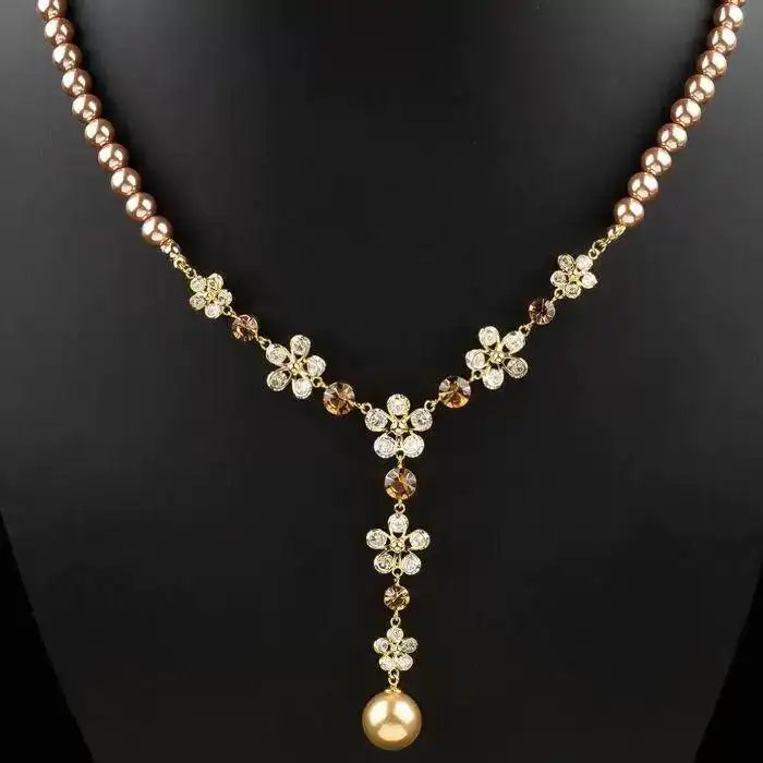 Champagne Pearl and Crystal Flower Necklace