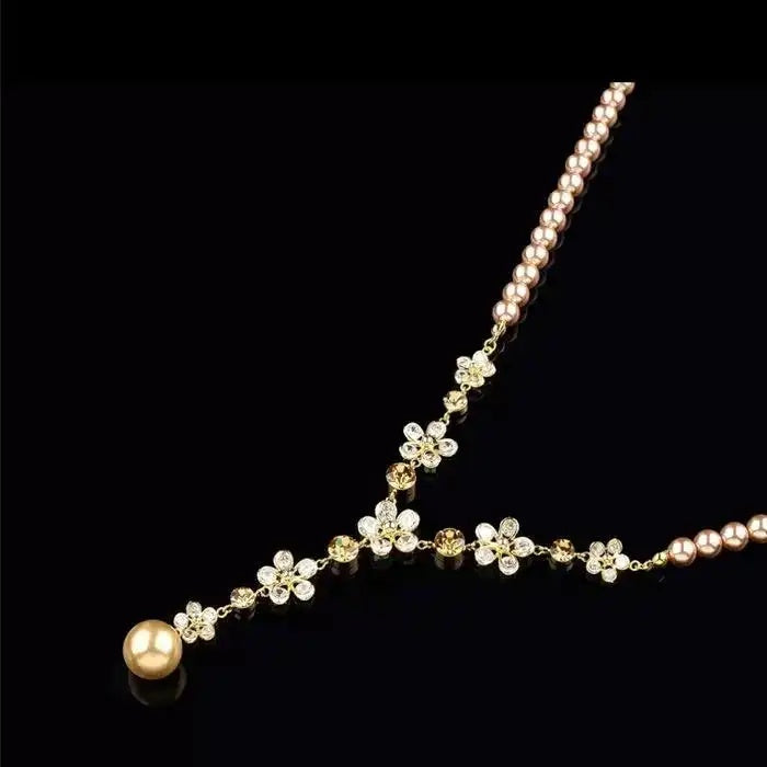 Champagne Pearl and Crystal Flower Necklace
