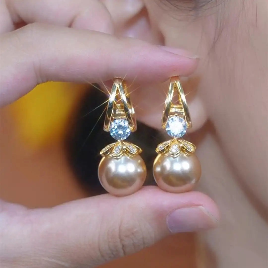Champagne Pearl Crystal Accents Fall Hoop Earrings