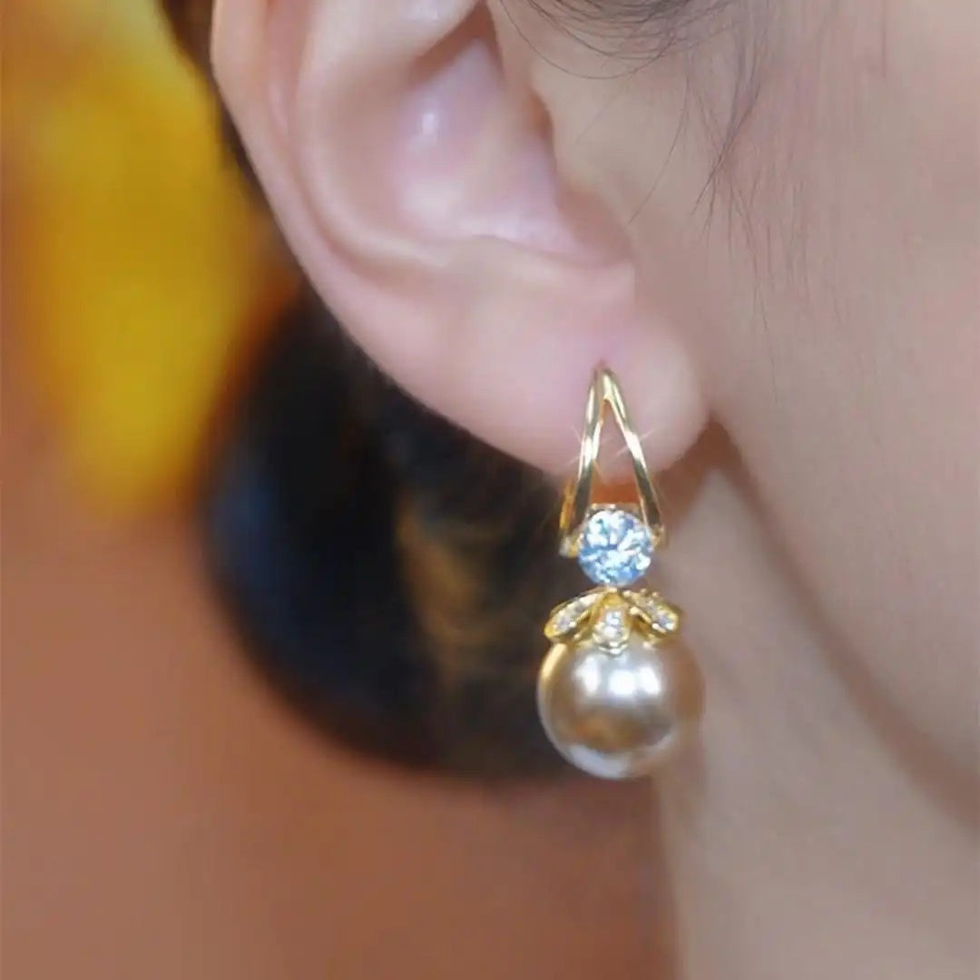 Champagne Pearl Crystal Accents Fall Hoop Earrings