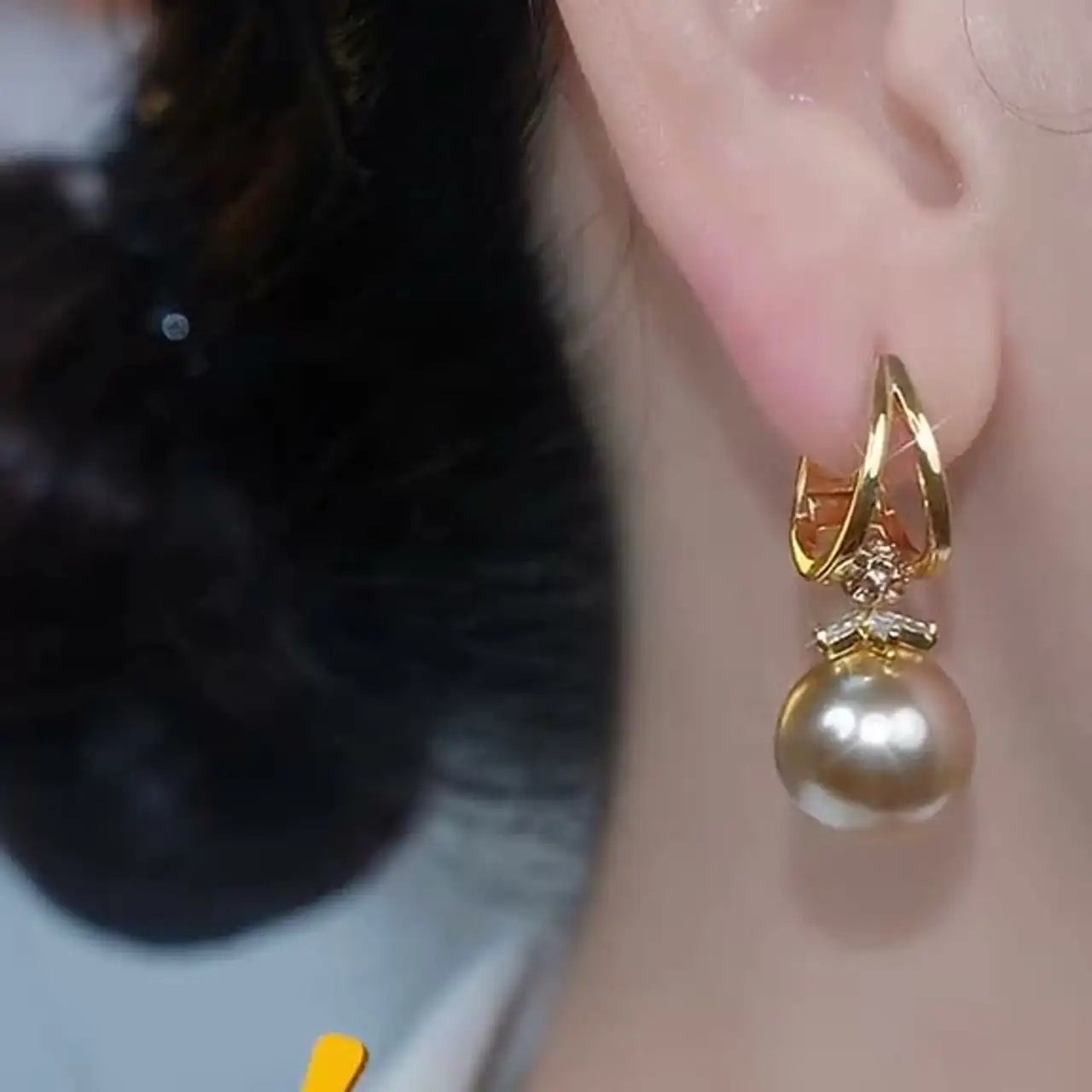 Champagne Pearl Crystal Accents Fall Hoop Earrings