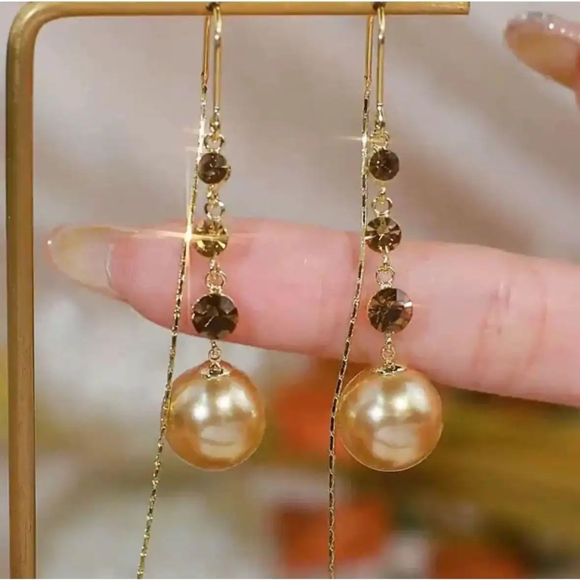 Champagne Pearl Tassel Crystal Long Drop Earrings
