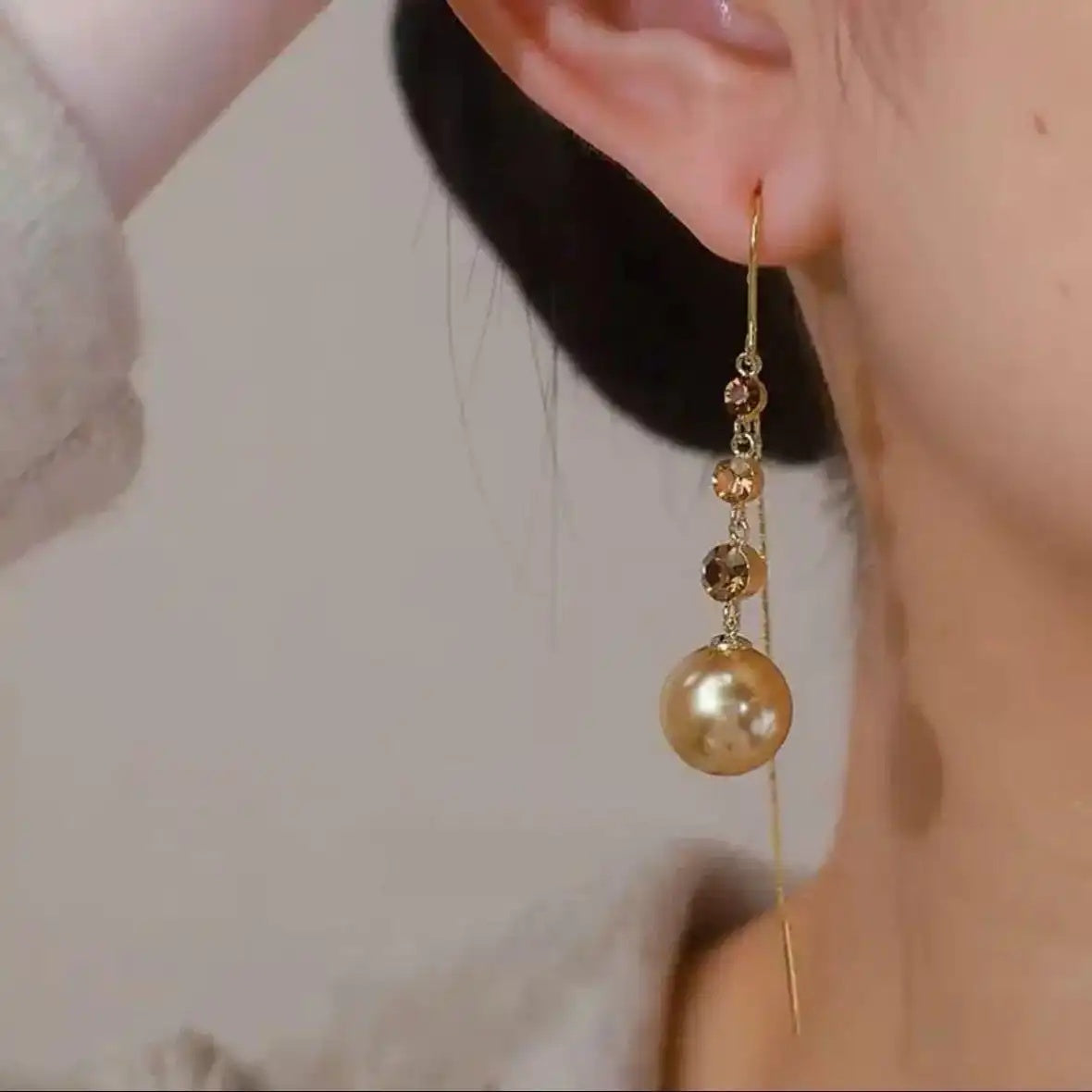 Champagne Pearl Tassel Crystal Long Drop Earrings