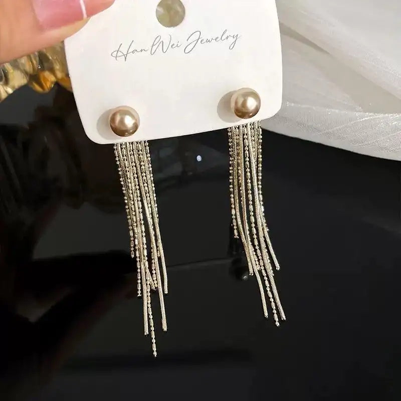 Champagne Pearl Tassel Drop Earrings
