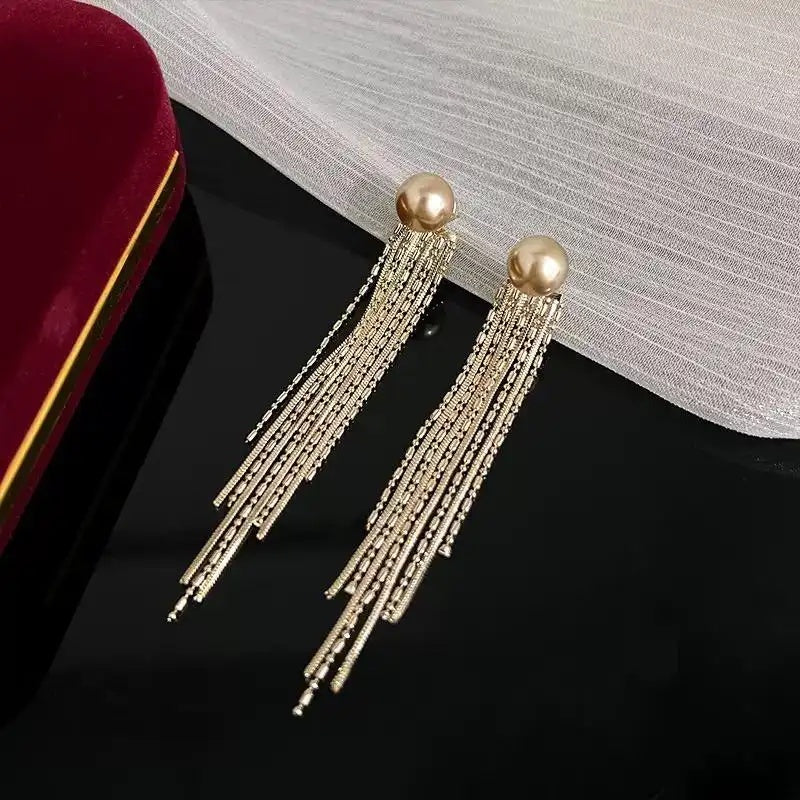 Champagne Pearl Tassel Drop Earrings