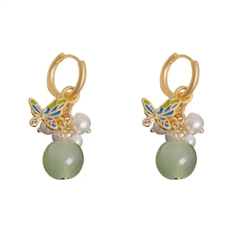 Chinese Butterfly Imitation Jade Bead Earrings