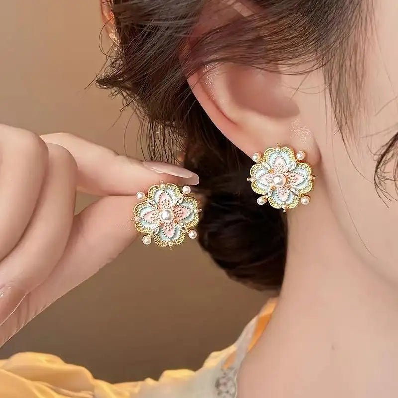 Chinese Enamel Flower Pearls Earrings