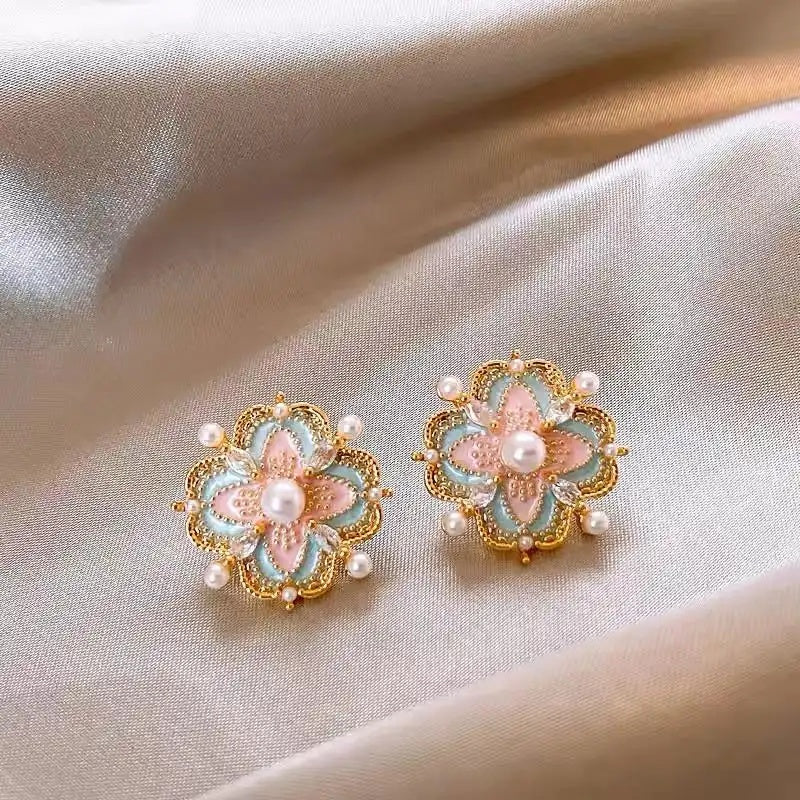 Chinese Enamel Flower Pearls Earrings
