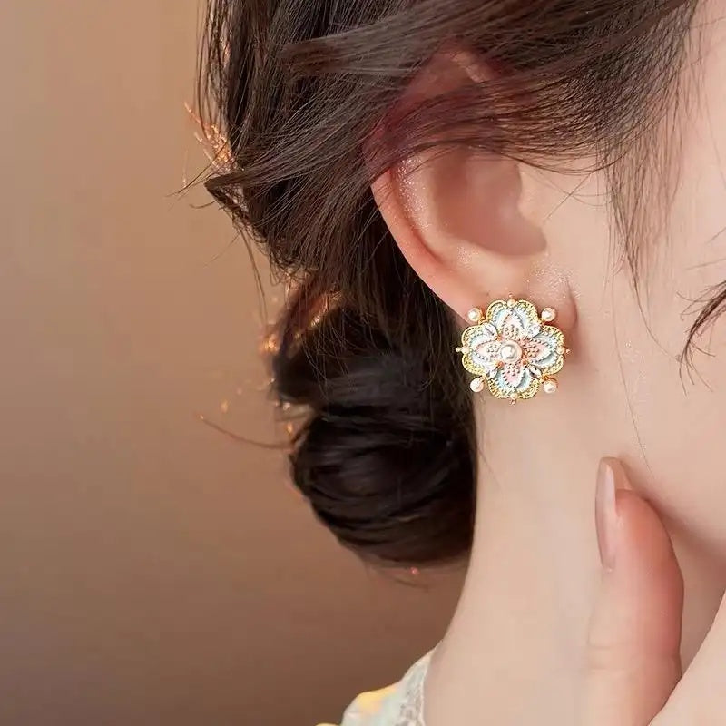 Chinese Enamel Flower Pearls Earrings