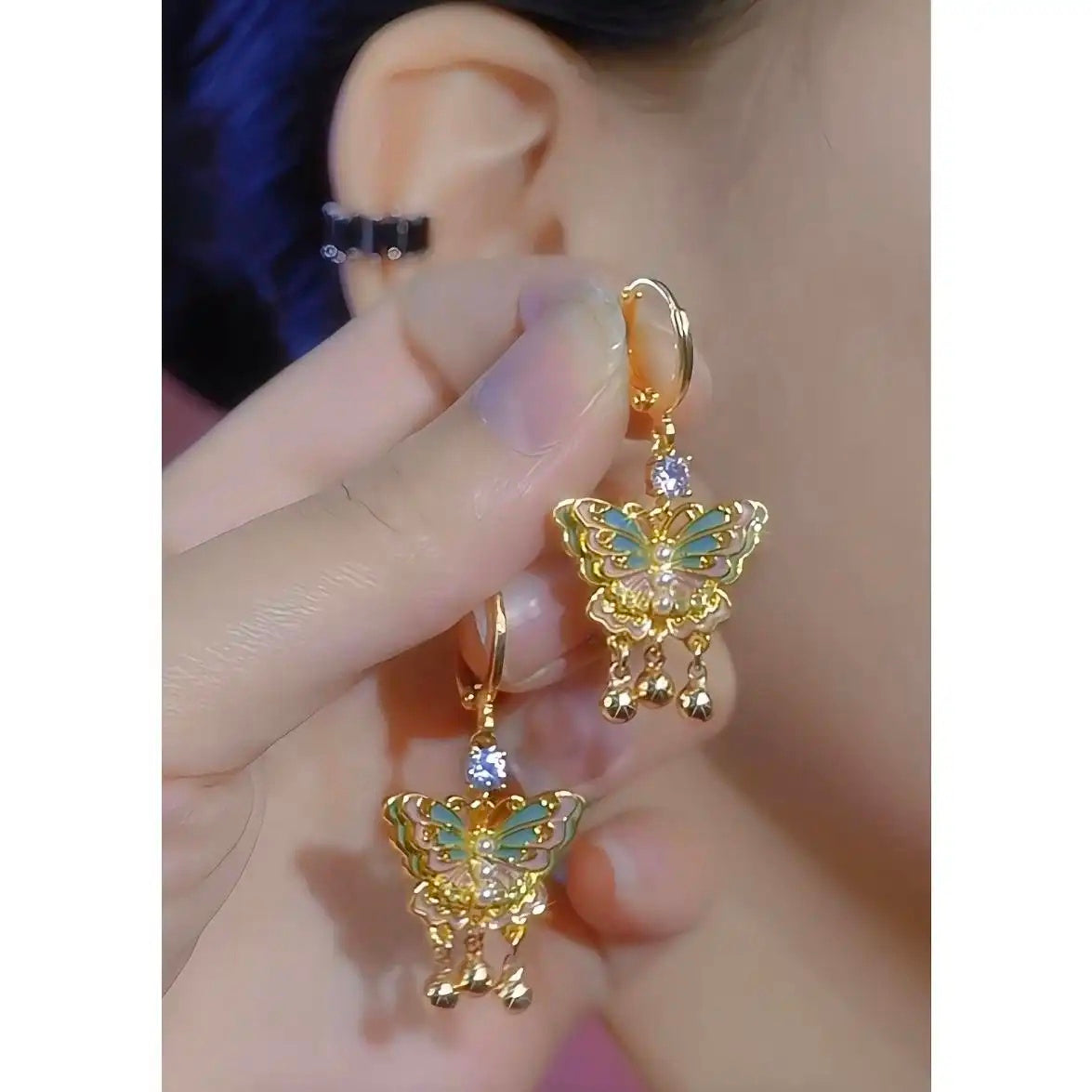 Chinese Enchanting Dream Butterfly Enamel Drop Earrings