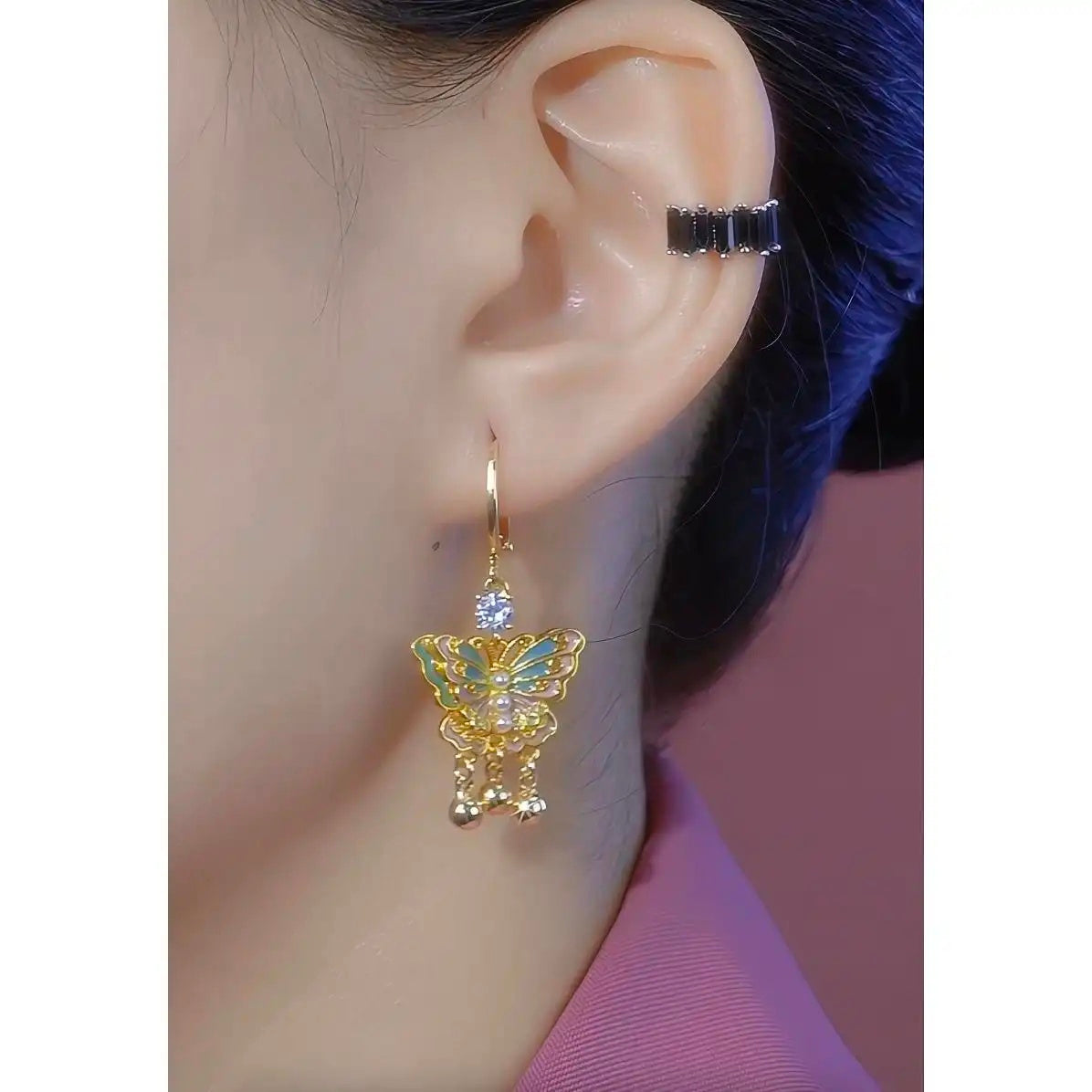 Chinese Enchanting Dream Butterfly Enamel Drop Earrings