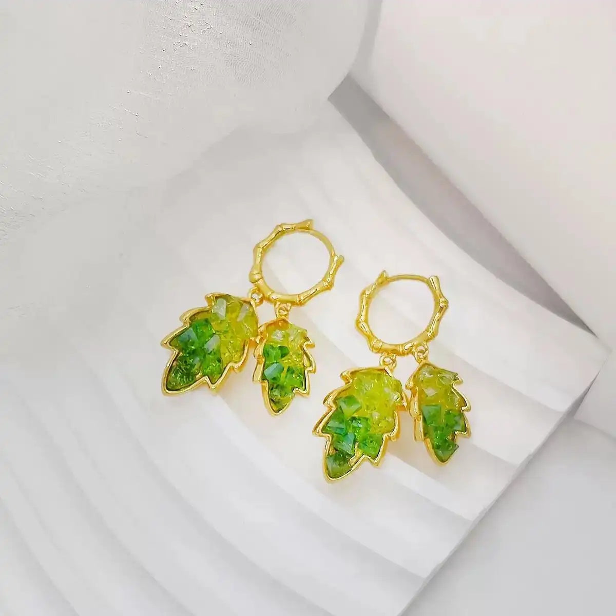 Chinese Green Crystal Leaf Earrings