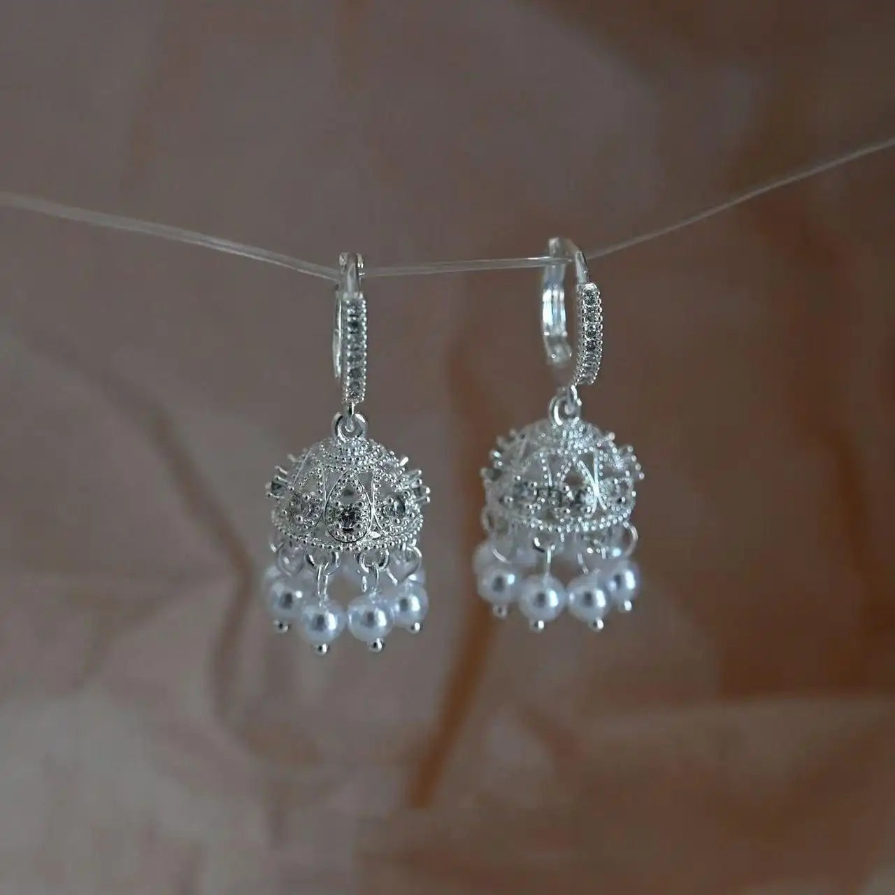 Chinese Silver Wind Chime Beaded Drop Earrings