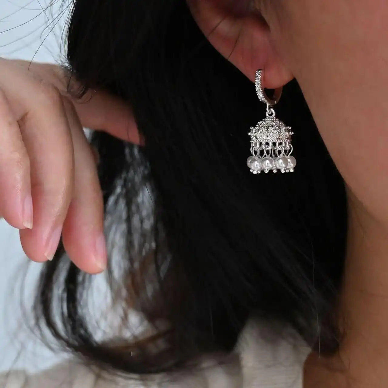 Chinese Silver Wind Chime Beaded Drop Earrings