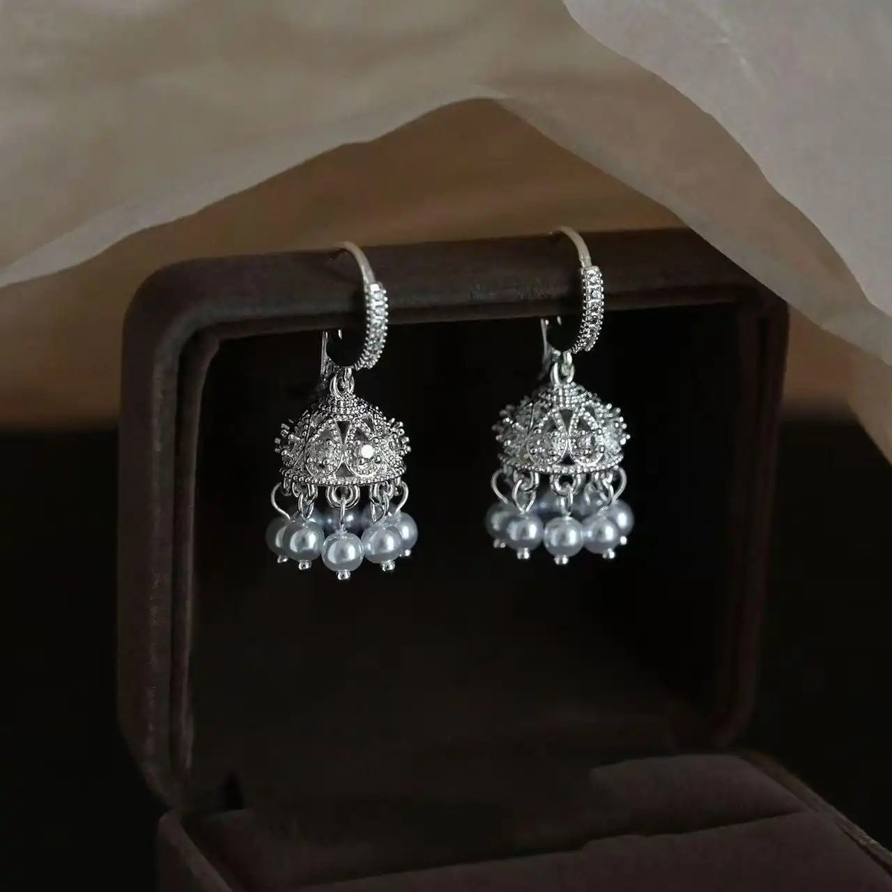 Chinese Silver Wind Chime Beaded Drop Earrings